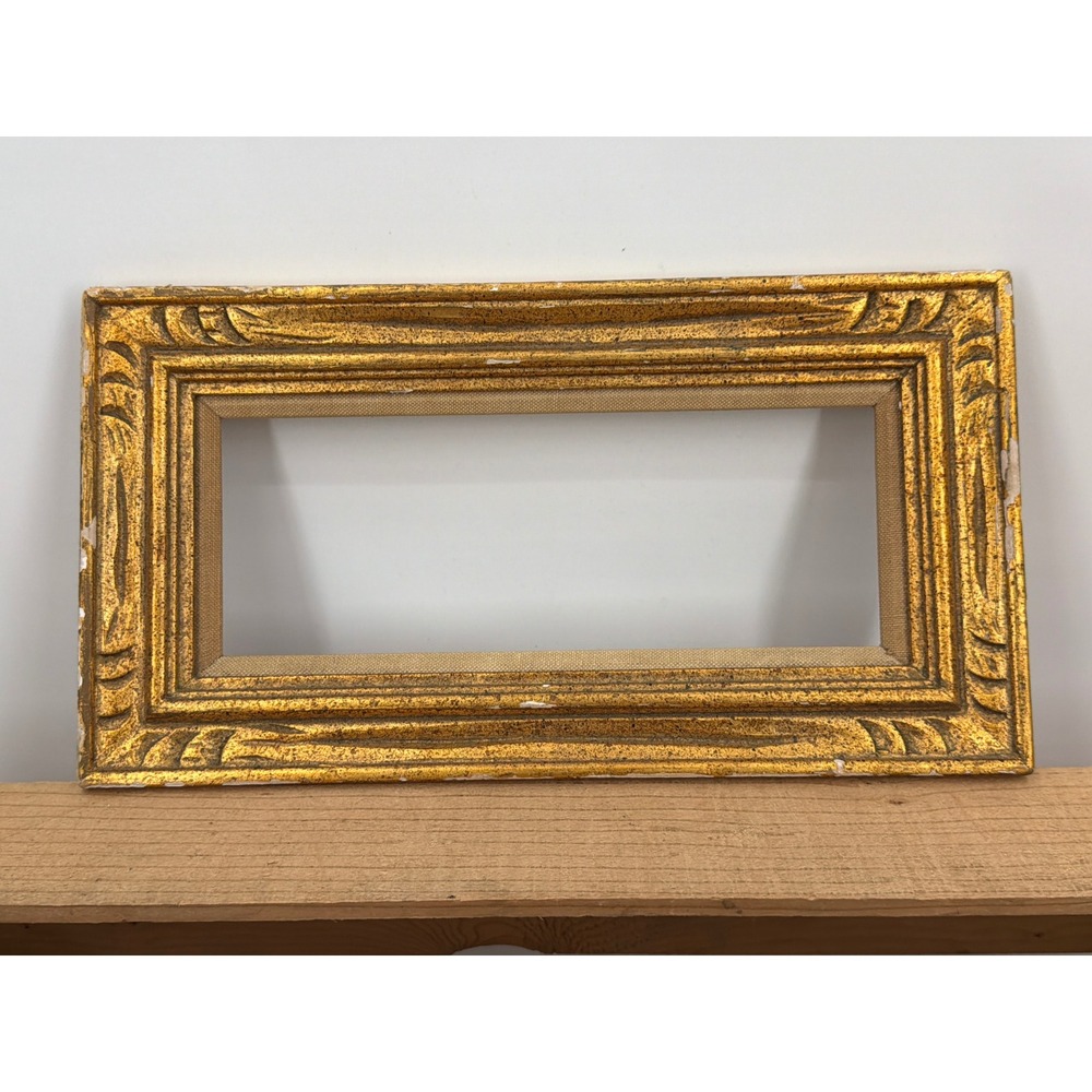 Vintage MCM Gold Gilt Wood Picture Frame Carved Leaf Detail 13x7"